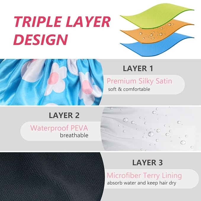 Aquior Shower Cap,Extra Large Triple Layer Bathing Cap with Dry Hair Function for Women Microfiber Terry Cloth Silky Satin 100% Waterproof Reusable Long Hair Bath Caps (Light Blue flora)