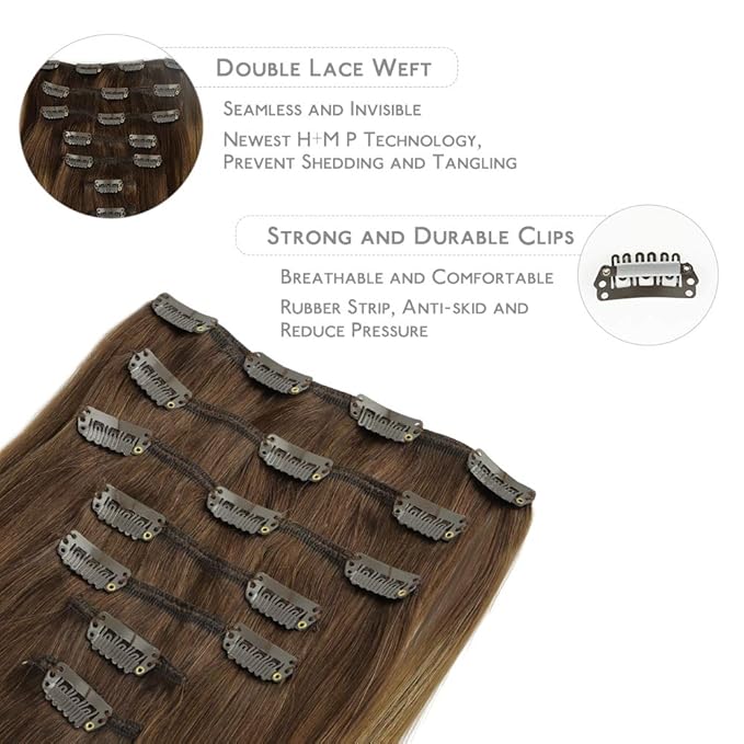 WENNALIFE Clip in Hair Extensions Real Human Hair, 22 Inch 120g 7pcs Balayage Chocolate Brown to Caramel Blonde Remy Hair Double Weft Straight Natural Extensiones De Cabello Humano Con Clip Ins