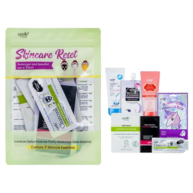 Epielle Skincare Reset Kit, 7 Home Spa Essentials, Exfoliating, Detoxifying, Hydrating & Purifying for Radiant Skin, At-Home Spa Kit, Self Care Gifts for Women, Korean Skin Care Set