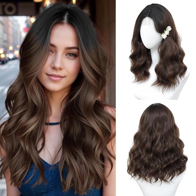 Ombre Brown Wig for Women, 18 Inch Middle Part Wavy Curly Wigs Synthetic Heat Resistant Soft deep wave Wig for Women Daily Use (Ombre Brown, 18 Inch)