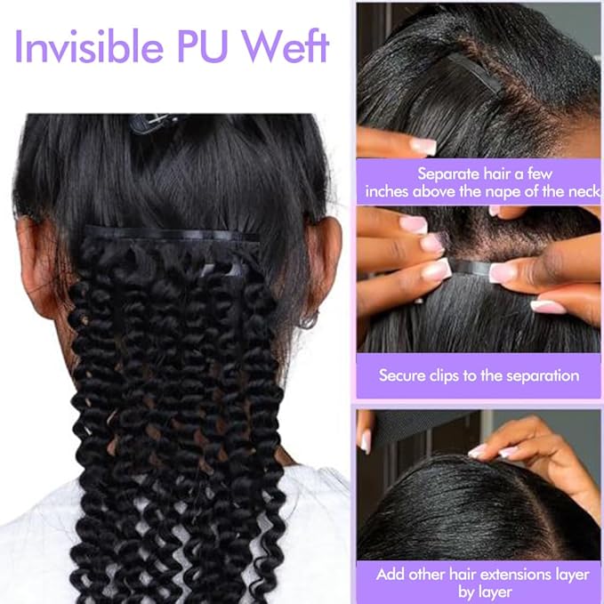 Seamless 3C 4A Kinky Curly Clip In Extension PU Weft Curly Clip in Extension Human Hair Clip Ins Full Head for Black Women Brazilian Remy Human Hair Natural Color 8Pcs with18clips 120g/Set (24 inch)