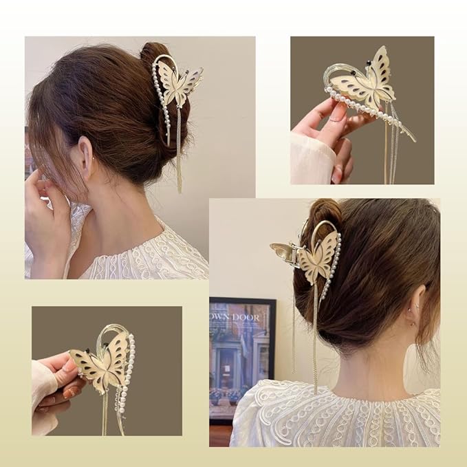 Gold Butterfly Hair Claw Clips Pearl Chain Tassel Rhinestone Butterfly Flower Hair Clips Tassel Nonslip Clamps Hair Accessories for Women and girl.Claw Clips for Thick hair