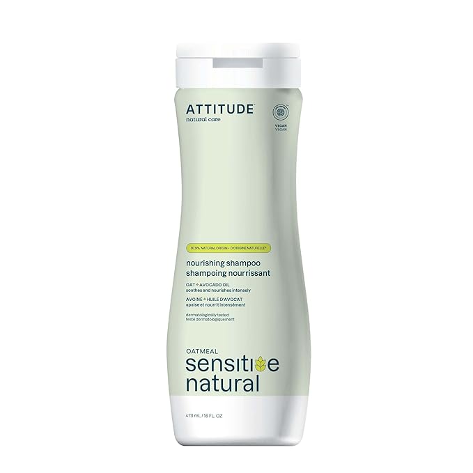 ATTITUDE Hair Shampoo for Sensitive Dry Scalp, EWG Verified, Soothing Oat, Dry and Damaged Hair, Naturally Derived Ingredients, Vegan and Plant-Based, Nourishing, Avocado Oil, 16 Fl Oz