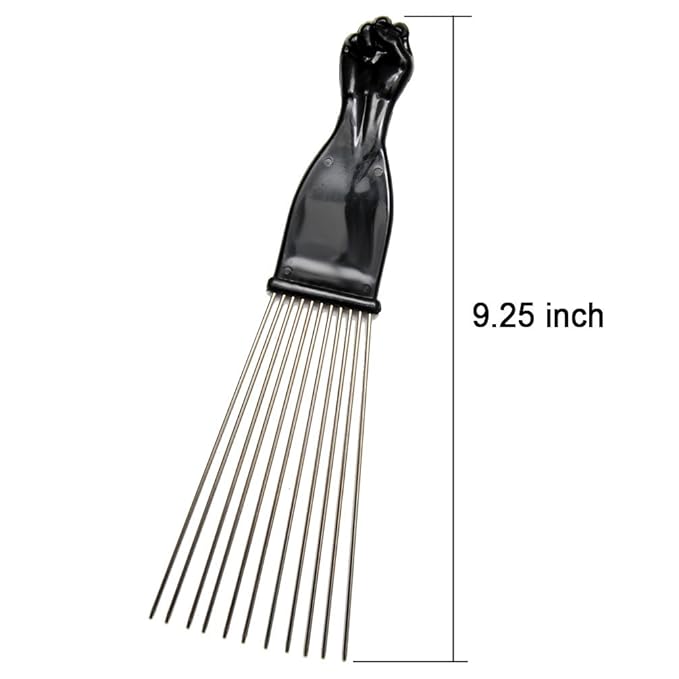(2 Pack) 9" Black Fist Metal Afro Pick Lift Hair Comb Detangle Wig Braid Hair Man Styling Comb