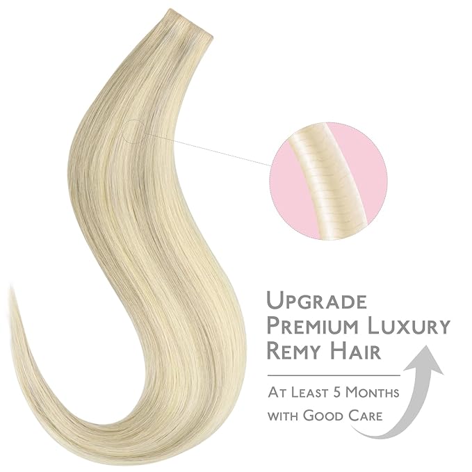 WENNALIFE Invisi Edge Tape in Hair Extensions Human Hair, 14 Inch 50g 20pcs Ash Blonde Highlighted Platinum Blonde Invisible Luxury Remy Hair Extensions Natural Seamless Injected Tape Ins Straight
