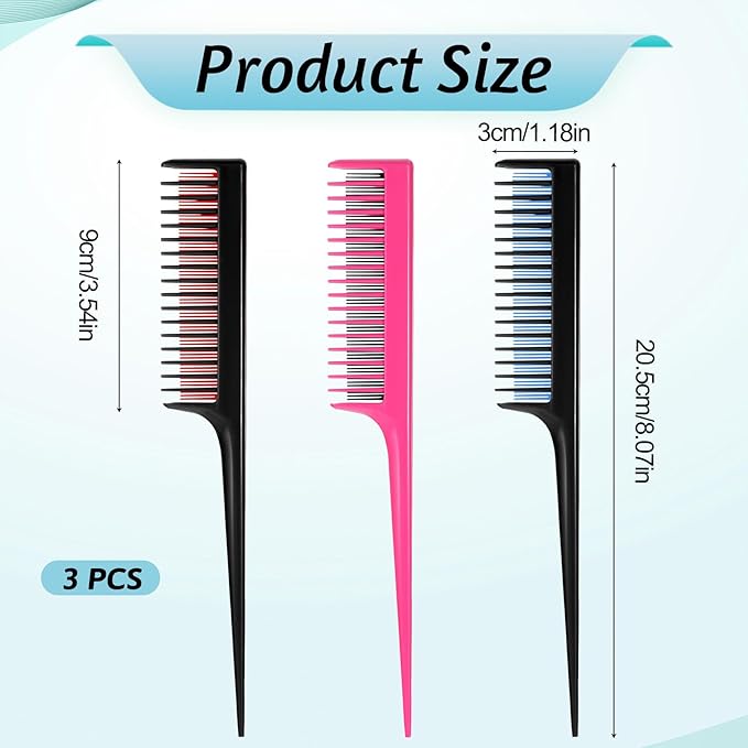 3 Pack Triple Teasing Comb for Women and Men, 8.2 Inches Rat Tail Comb Heat Resistant Plastic Teasing Parting Combs for Braiding Hair Styling Backcombing, Volume, Sectioning