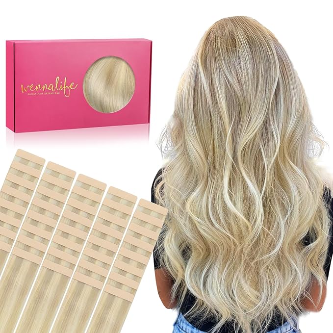WENNALIFE Tape in Hair Extensions Human Hair, 40pcs 100g 20 inch Ombre Ash Blonde to Golden Blonde Balayage Platinum Blonde Hair Extensions Real Human Hair Invisible Straight Tape in Extensions