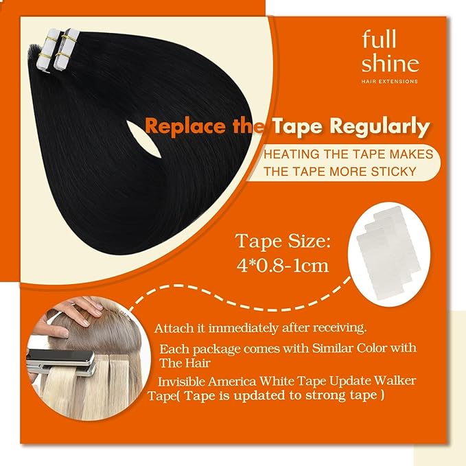 Full Shine Tape in Extensions Human Hair 14 Inch Color 1 Jet Black Pu Remy Tape in Hair Extensions Straight Hair 20 pcs Seamless Tape ins Skin Weft Glue in Human Hair Extension 50 Gram Add Volume