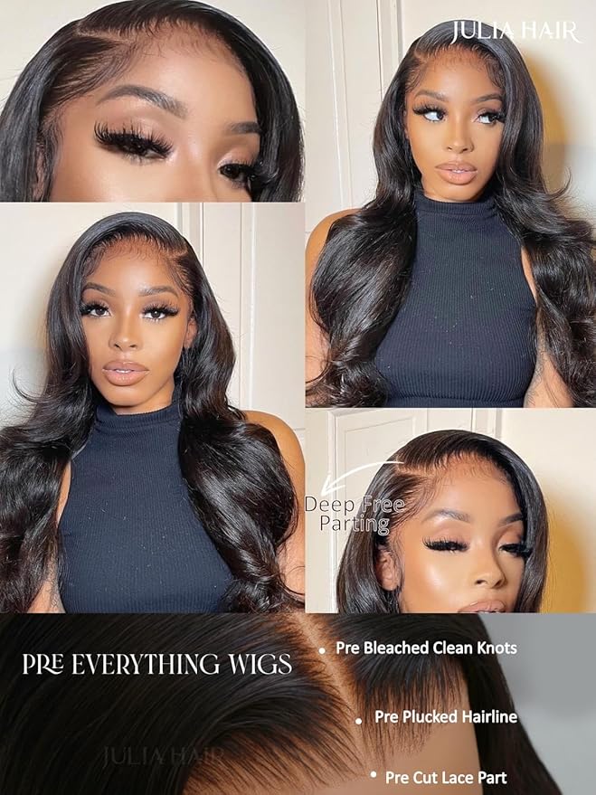 Julia Hair Body Wave Glueless 13x4 Lace Front Wigs Human Hair 12A Pre Cut Lace Frontal Wig Pre Bleached Bye Bye Knots Pre Everything Put on and Go 180% Density Fast Wear Wigs Natural Color 16 Inch