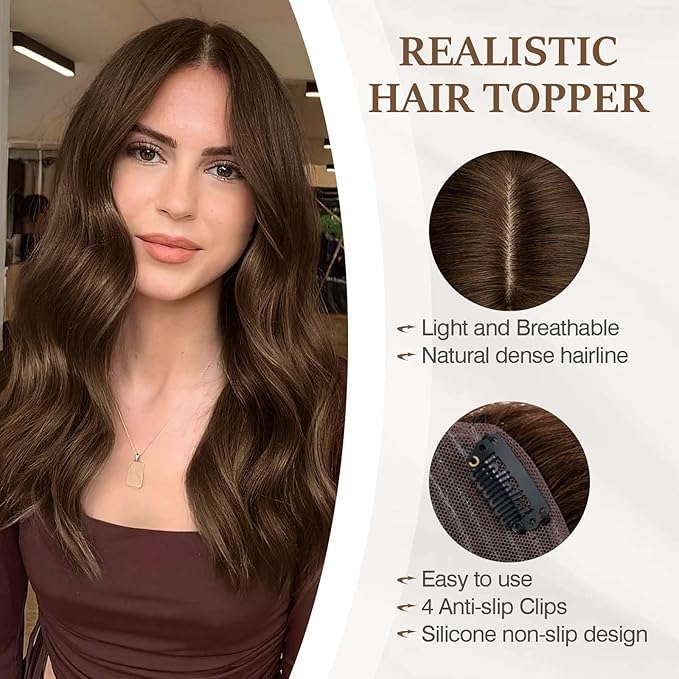 Rich Choices Hair Toppers for Women Real Human Hair 100% Human Remy Toppers NO Bangs for Women with Thinning on Top Clip in Hairpiece 4"x4.7"Lace Base 6 Inch #4 Medium Brown