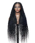 Human Hair Boho Curls Hand-Tied HD Full Lace Wig - 36" Salon-Level Small Box Synthetic Braids (121 Braids, High Density) Pre-Cut Swiss HD Lace, Pre-Plucked, Knotless, Tangle-Free - Black 1B