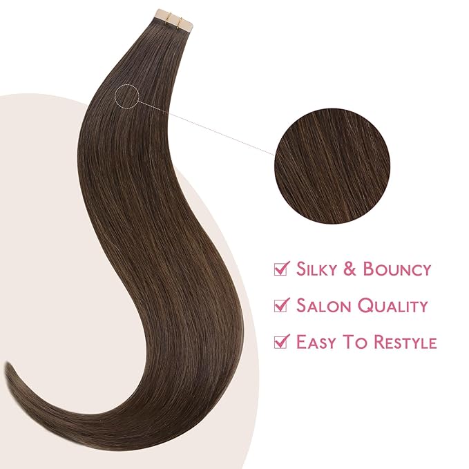 WENNALIFE Tape in Hair Extensions Human Hair Chocolate Brown Tape in Extensions, 10pcs 20g 10 inch Remy Invisible Tape Ins Straight Soft Real Human Hair