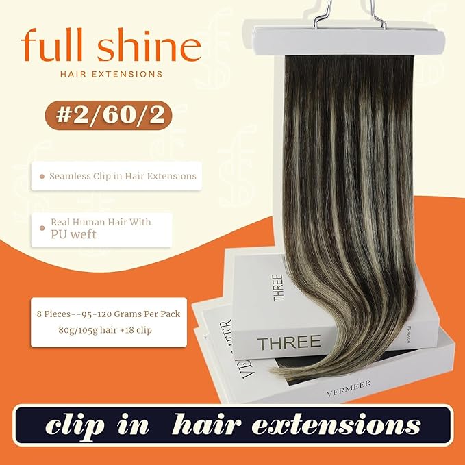 Full Shine Seamless Hair Extensions Clip in 14 Inch Brown Balayage Clip in Hair Extensions Straight Dark Brown Balayage Platinum Blonde Hair Softness 8 PCS 120 Grams