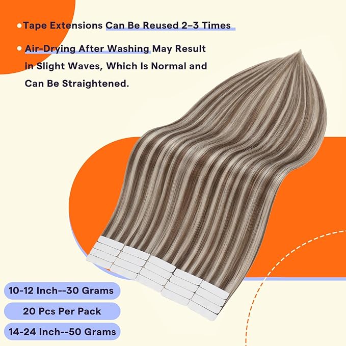 Full Shine Tape in Hair Extensions 20Inch Remy Tape in Extensions Color 8 Ash Brown Highlighted 60 Platinum Blonde Natural Human Hair Extensions Tape Ins 50G 20 Pcs for Wedding