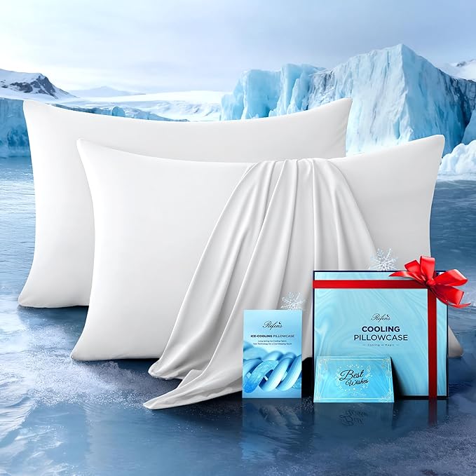 Ultra-Chill Cooling Pillowcase Set of 2 for Hot Sleepers, Softer Than Silk Pillow Cases for Protecting Hair & Skin, Breathable Bed Pillow Covers w/Zipper, Gifts for Women & Men (White, Standard)