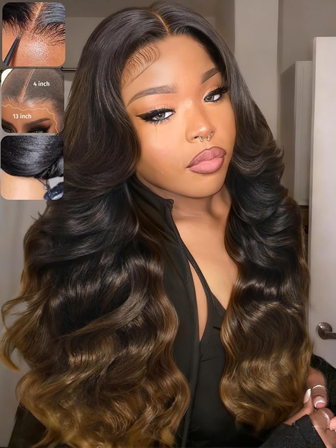 KLAIYI Ombre Brown Loose Body Wave 13x4Pre Everything Lace Frontal Chestnut Brown Drawstring Wig with Face Framing Layers Precut Lace Pre Plucked Bleached Bye Bye Knots Ready to Wear and Go Wig 24Inch