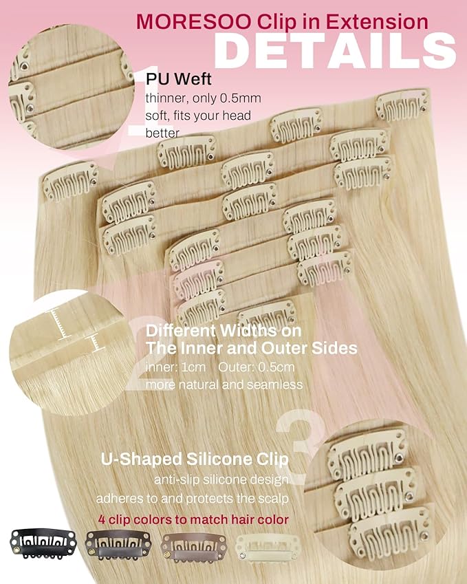 Moresoo Seamless Clip in Hair Extensions Human Hair Blonde Seamless Real Human Hair Extensions Clip ins Platinum Blonde Pu Weft Long And Straight 120g/7pcs 18 inch