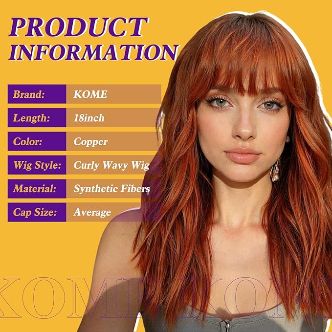 Orange Wig with Bangs,Ginger Wavy Wigs for Women,Copper Shoulder Length Curly Synthetic Hair Wig for Party Daily Use 18In…