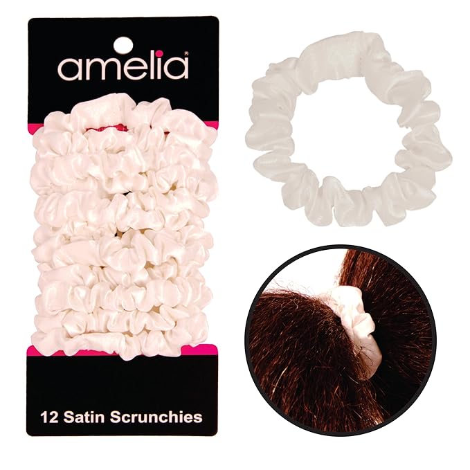 Amelia Beauty, White Satin Small Scrunchies, 12-Pack – No Damage Hair Ties for Women, Gentle & Durable Hair Accessories, 2.5in x 0.5in