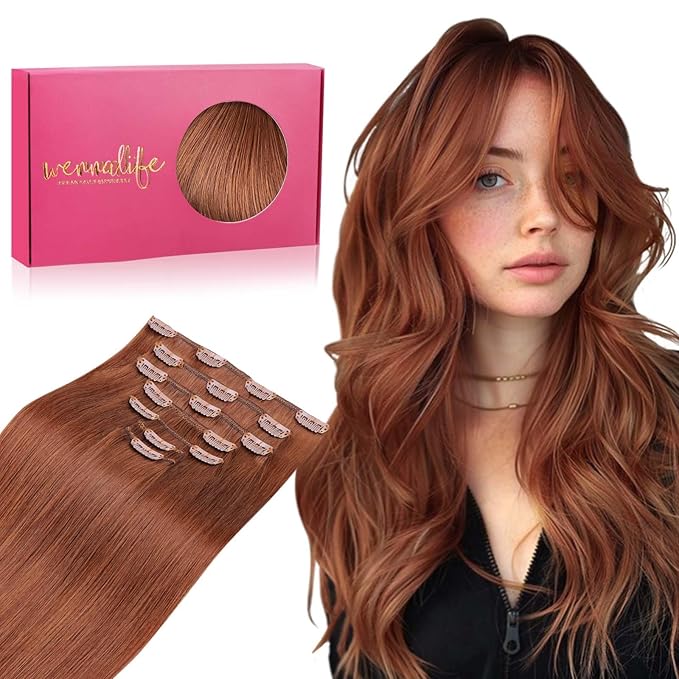 WENNALIFE Clip in Hair Extensions Real Human Hair, 14 Inch 120g 7pcs Clip in Hair Extensions Real Human Hair, Dark Auburn Copper Human Hair Clip in Extensions Remy Human Hair Extensions Clip Ins