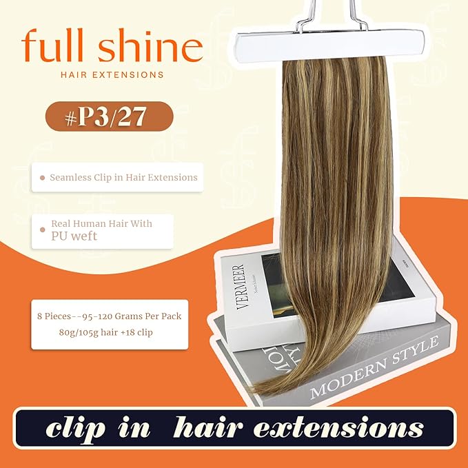 Full Shine Seamless Clip in Hair Extensions 12 Inch Dark Brown with Honey Blonde Highlights Real Human Hair Extensions for Short Hair 8PCS 95G