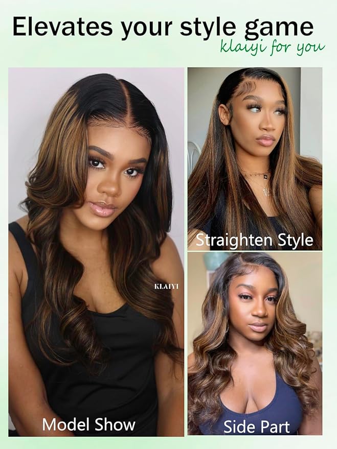 KLAIYI Bye Bye Knots Glueless Ombre Brown Body Wave Pre Cut 7x5 Lace Front Wigs Human Hair Drawstring Pre Plucked Bleached Pre Everything Ready to Wear and Go Wig Highlight Balayage Colored Wig 24Inch