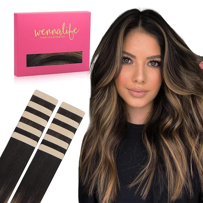 WENNALIFE Tape in Hair Extensions Human Hair Balayage Natural Black to Chestnut Brown Tape in Extensions, 10pcs 25g 18 inch Remy Invisible Tape Ins Straight Soft Real Human Hair Tape in Extensions