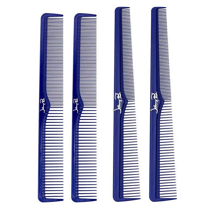 JOHNNY B. Professional 4 Pack Carbon Cutting & Styling Combs for Barbers, At-Home Use, Blue