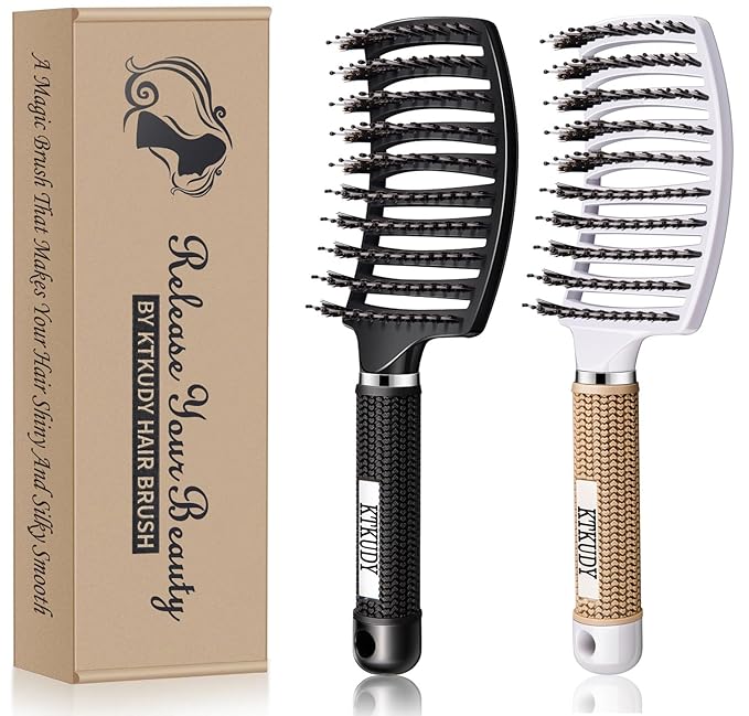 Detangling Brush Boar Bristles Set KTKUDY Hair Brush Curved and Vented Detangler Brush for Women Men Kids Wet and Dry Hair (Black&White)