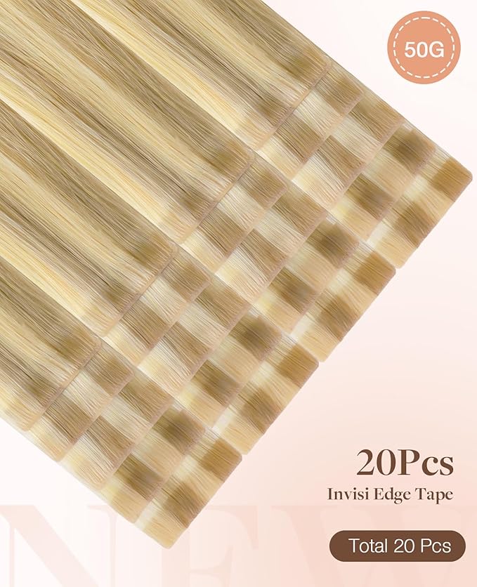 GOO GOO Invisi Edge Tape in Hair Extensions Human Hair, 16/22 Light Blonde Highlighted Golden Blonde 20pcs 22inch 50g, Virgin Remy Hair, Seamless Injected Tape, Natural Look