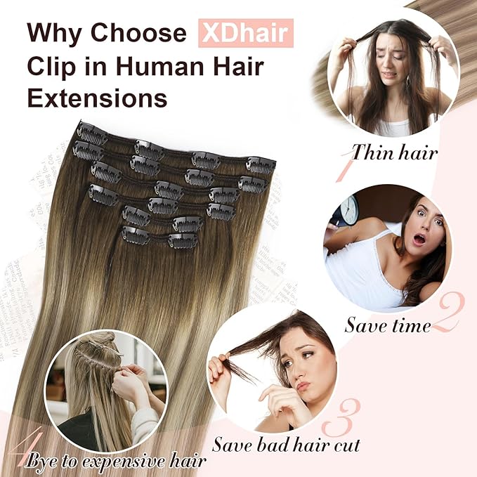 XDhair Human Hair Clip in Hair Extensions 22 Inch 6pcs 120g Balayage Color 3 Darker Brown to 8 Ash Brown and 22 Golden Blonde Double Weft Clip in Hair Extensions(22”, 3/8/22)