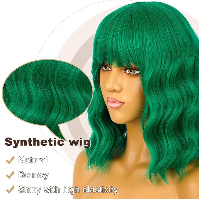 LANICE Green Wig for Women Short Bob Wigs with Bangs Natural Synthetic Wig Shoulder Length Colorful Wigs for Daily PartyUse(12inch,Green)