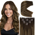 Ve Sunny Balayage Clip in Hair Extensions Human Hair Extensions Clip ins Dark Brown Ombre Caramel Blonde Clip in Extensions Real Human Hair for Long Straight Hair 22inch 120g 7pcs