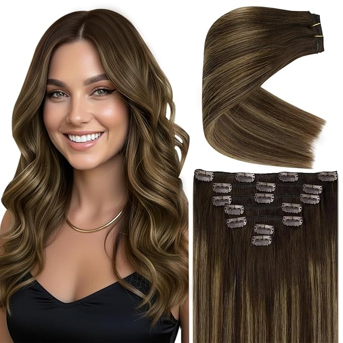 Ve Sunny Human Hair Clip in Extensions Brown Balayage Clip in Hair Extensions Ombre Dark Brown to Caramel Blonde Hair Extensions Real Human Hair Clip in 7pcs 20inch 120g