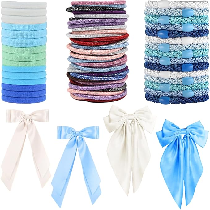 Hair Ties for women 5 styles Hair Elastics(15 No Damage Hair Ties 50 High Elastic Ties 15 Ponytail Holders 4 Bow Hair Clips 20 Snap Hair Clips) Pain-free No Crease multiple colors for all hair types