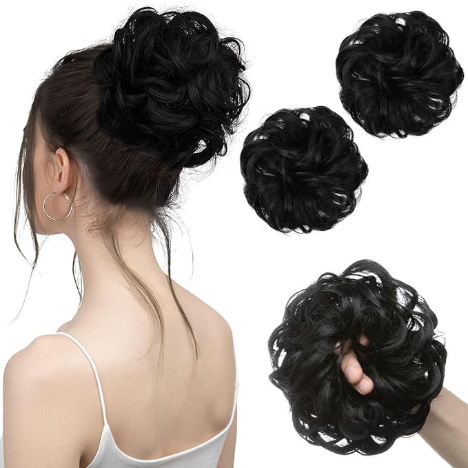 SARLA 2PCS Messy Hair Bun Hair Pieces Wavy Curly Synthetic Updo Fake Scrunchies Ponytail Extension for Women Jet Black