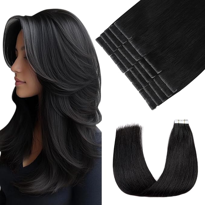 Pinkpearl Invisible Tape in Hair Extensions Human Hair, 20pcs 18inch 50g #1B Natural Black Injection Tape in Extensions Real Remy Straight Seamless Silky Human Hair Injected