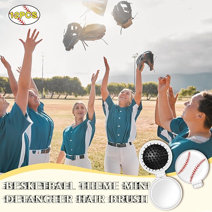 12 Pcs baseball Mini Detangler Brush, Folding Mirror Hair Brushes, Travel Hair Brush, No Tangle Soft Flexible Bristles for Straight, Curly, Thick Hair for baseball Team Gift Sport Party