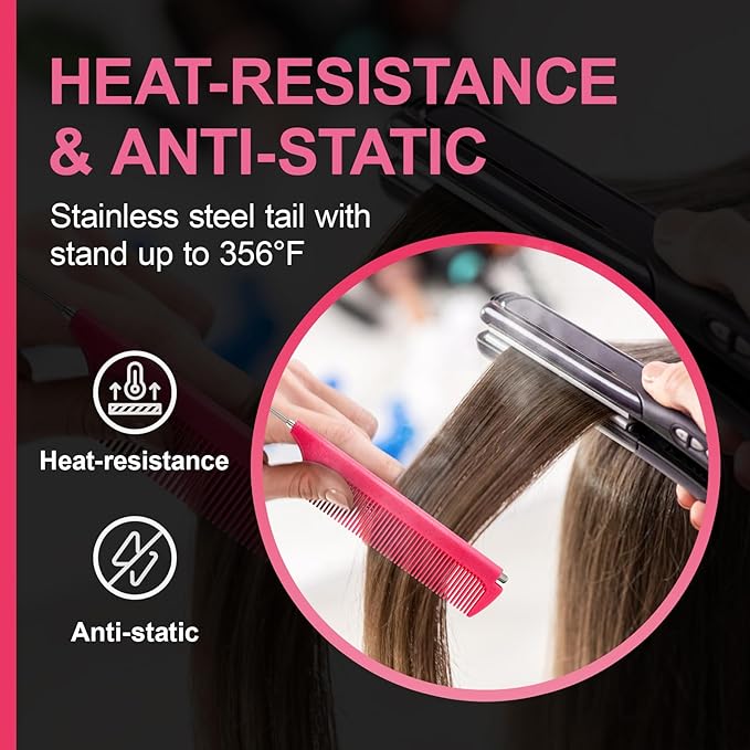 Rat Tail Combs for Parting, Protable Retractable Rat Tail Comb, Parting Combs for Hair Stylist, Fine Tooth Teasing Comb Stainless Steel Pin Tail, Easy to Carry (1 Pack-Pink)
