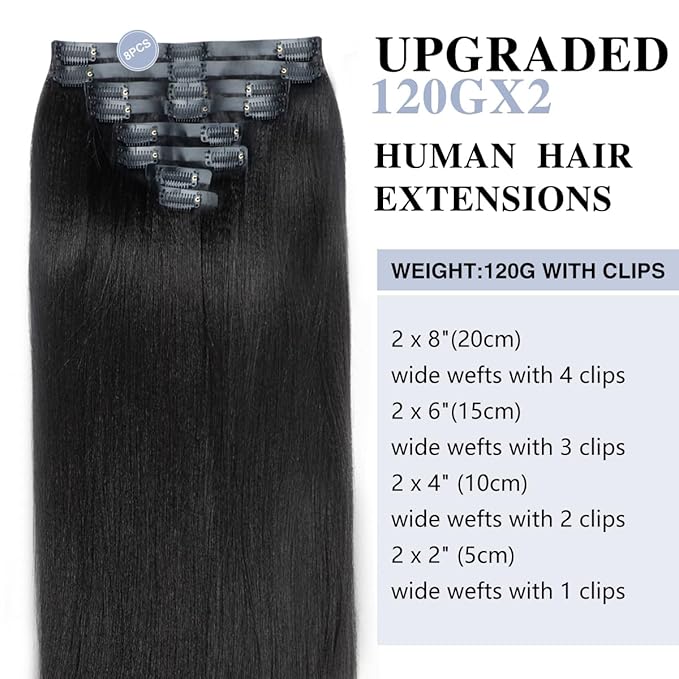Yaki Straight Clip in Hair Extensions Real Human Hair 2 Pack 240g Seamless for Women Full Max with 16Pcs Remy Human Hair Extensions PU Skin Weft 22inch Natural Black