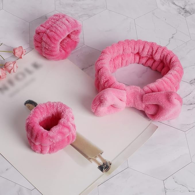 WSYUB Spa Headband and Wrist Bands for Makeup & Face Wash, 1 Set, Watermelon red