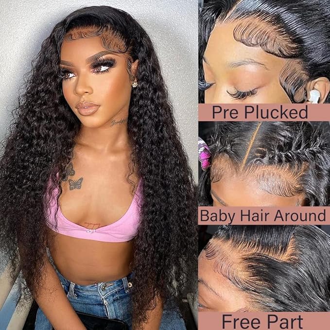 Deep Wave 13X6 HD Lace Front Wigs Human Hair Pre Plucked Brazilian Virgin Deep Curly Wigs with Baby Hair for Black Women Natural Black Color 200% Density 16 Inch