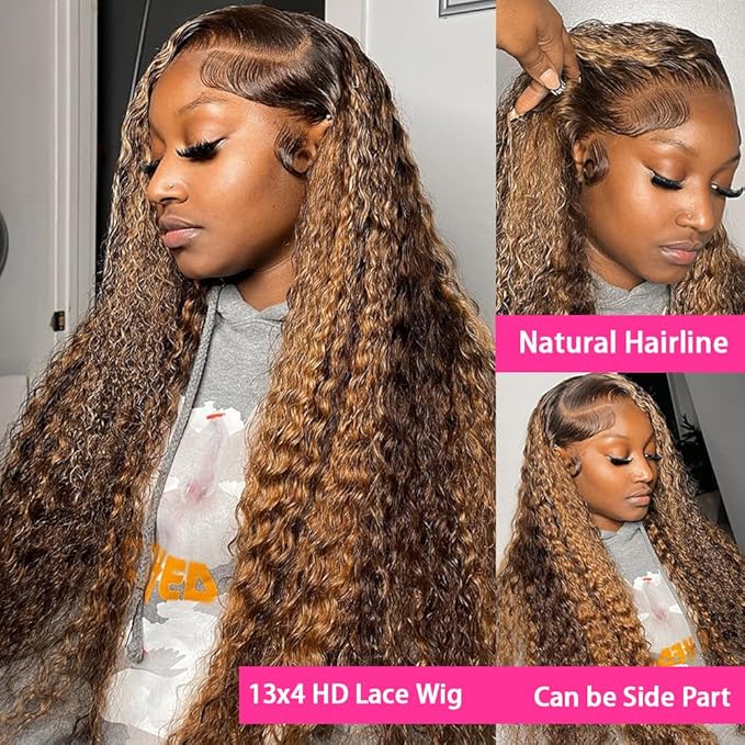 Bangjazz 13x4 Deep Wave Lace Front Wigs Highlight Ombre Human Hair 180% Density P4/27 Colored Glueless Curly Wigs for Black Women 18 Inch