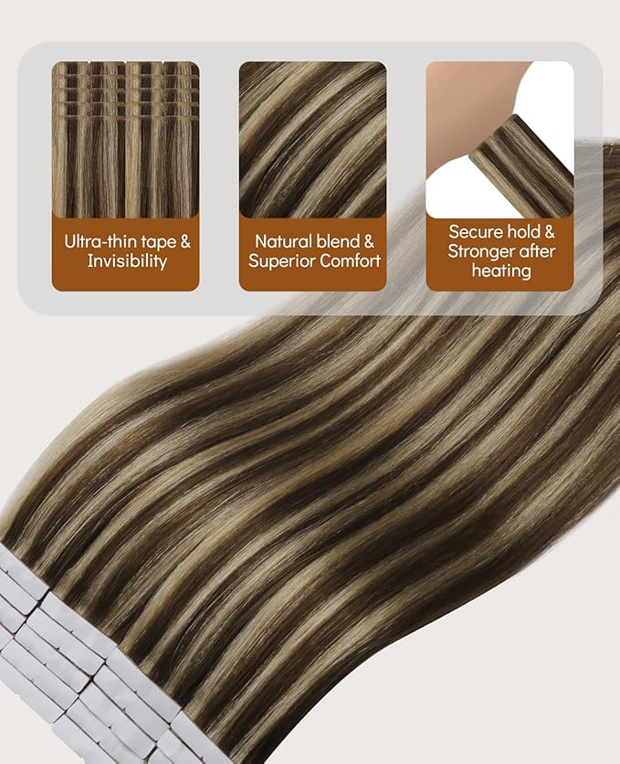 VINBAO Invisi Edge Tape in Extensions Human Hair Dark Brown Highlighted Caramel Blonde 14in 20pcs 40g Injected Tape in Hair Extensions Pro Quality 14inch #4P27