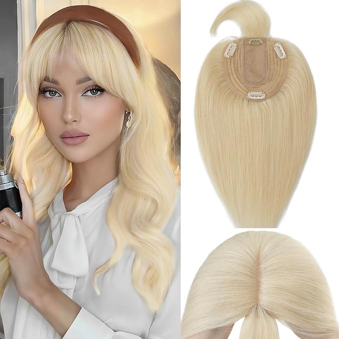 Rich Choices Real Human Hair Toppers for Women With Bang 100% Remy Human Hair Topper for Thinning Hair Clip in Silk Base Hair Topper 16 Inch #613 Bleach Blonde