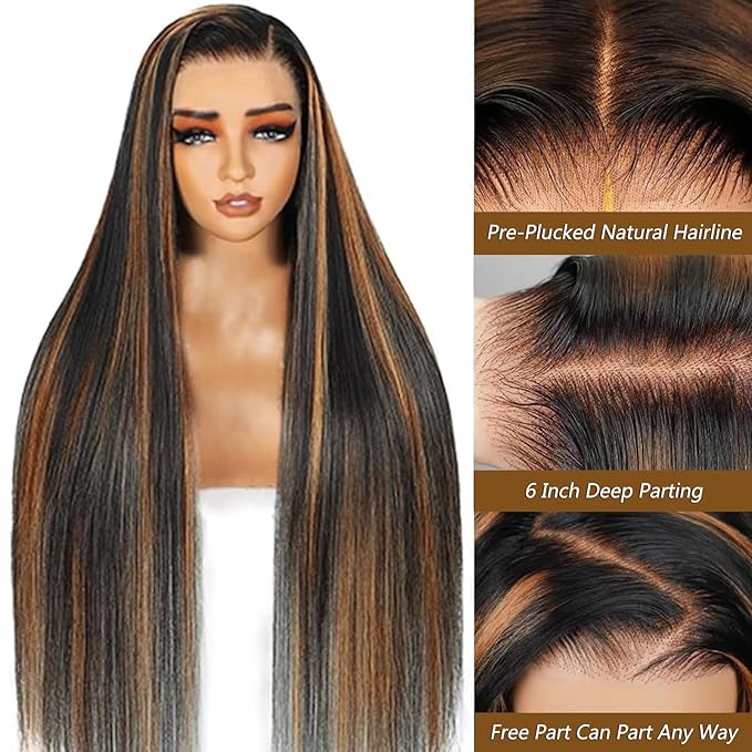 Ombre Lace Front Wig Human Hair 1B/30 Highlight Straight Wigs 13X6 Transparent Lace Frontal Glueless Wigs Honey Blonde Colored Human Hair Pre Plucked for Women 26inch