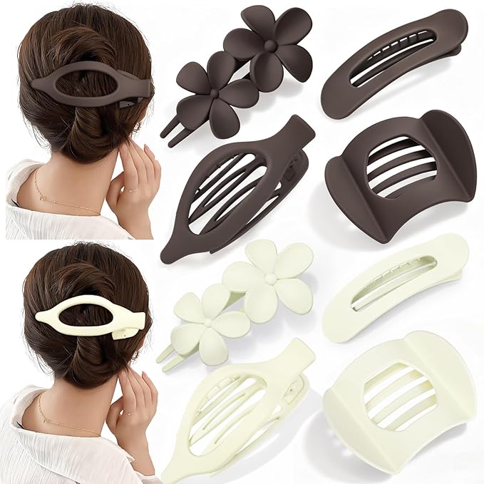 Obeoby 8 Pcs Flat Hair Clips for Women, 4 Types French Flat Claw Clips Hair Barrettes Accessories Large Medium (Off-white, Dark Brown)