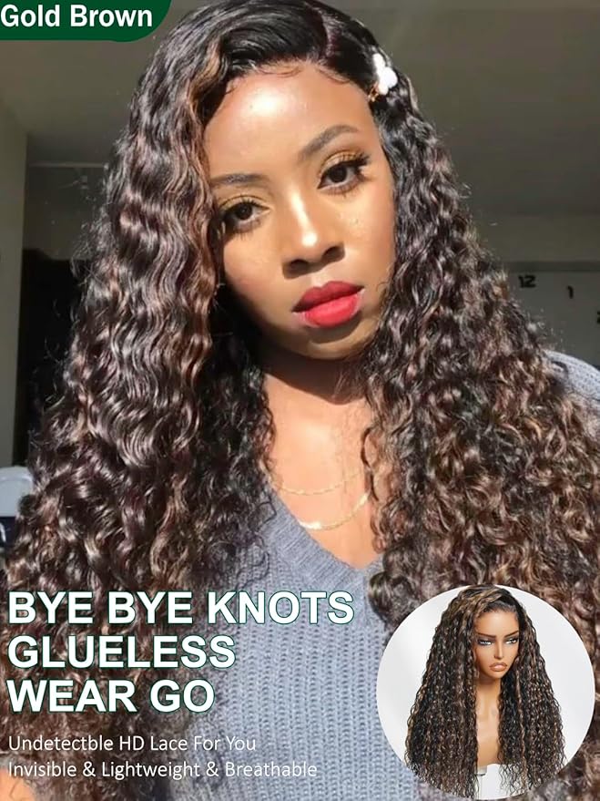 KLAIYI Golden Brown Water Wave Bye Bye Knots Glueless Wig Human Hair Highlight 7x5 Precut Lace Front Pre Plucked Bleached Ombre 3S Ready to Wear Go Beginners Wig with Dark Roots Deep Curly Wave 24Inch