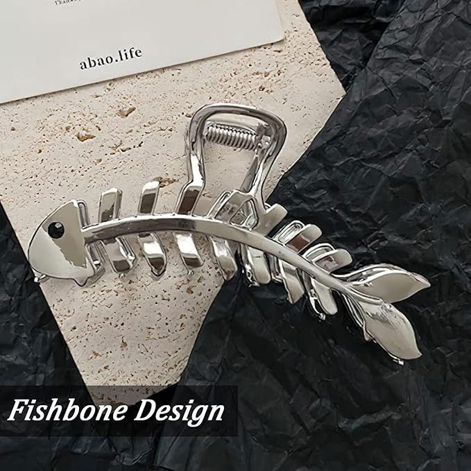 Fishbone Hair Clips Claw Non-Slip Fish Shaped Hair Claw Clips for Women and Girls - Big Metal Fishbone Hair Jaw Clamps for Secure Hair Styling and Accessories (Silver Fishbone)