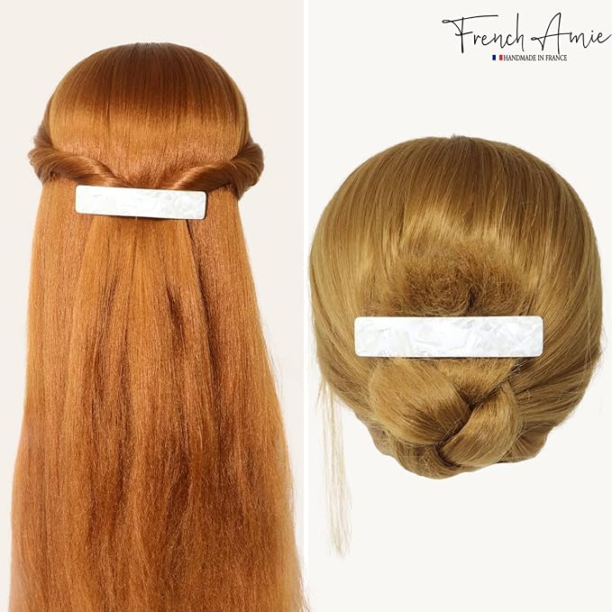 French Amie Oblong 3.5" Celluloid Handmade No Slip Hair Clip Barrette for Women, Made in France (Frost White)